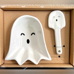 New 10 Strawberry Street Halloween Ghost 👻 Dip Bowl & Spreader Ceramic Set